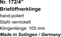 Nr. 172/4”  Brieföffnerklinge hand-poliert Stahl vernickelt Klingenlänge: 105 mm Made in Solingen / Germany
